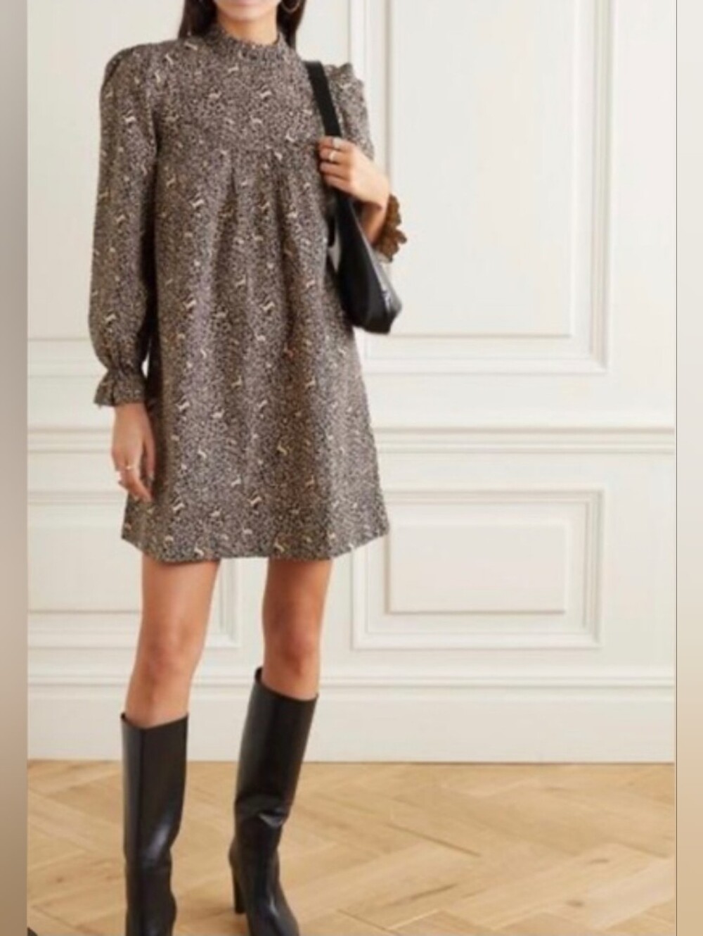 Doen Marabella mini dress in black prancing fawn, medium 100% cotton autumn
